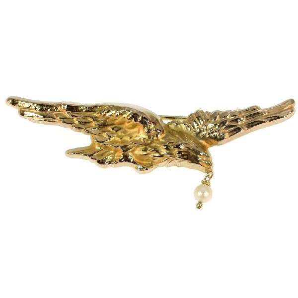 Antique gold eagle brooch with pearl Description by Adin Antique Jewelry.